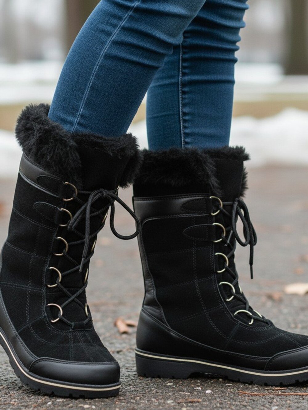 Merona "Neida" Black Leather Faux Fur Trimmed Lace-up Winter Boots